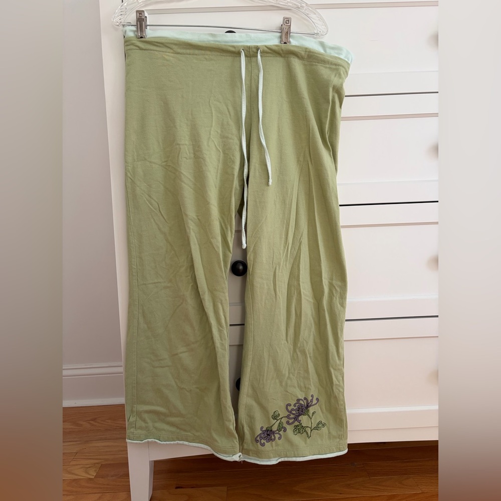 Green Drawstring Lounge Pants with Floral Design